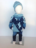 Cactus Navy and  teal and Mint Stripes Boys outfit Knit fabric Slough Beanie Harem pants