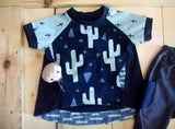 Mint Navy Teal Cactus Stripe Triangles Boys Trendy Cotton Lycra Knit Stretch Fabric sewing tshirt raglan